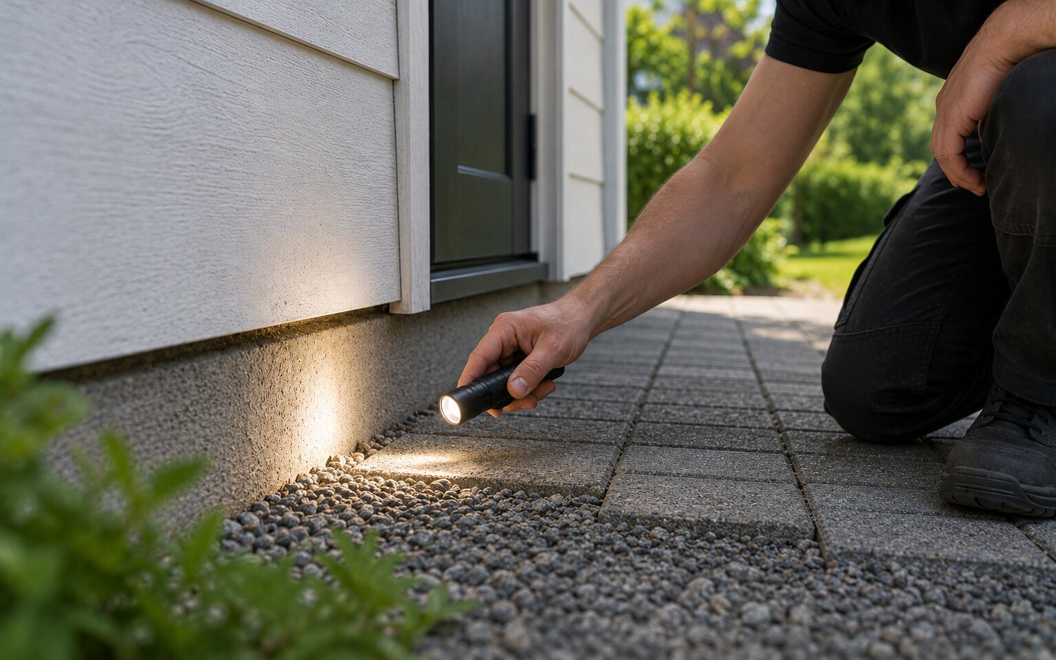 Tuholaistorjunnan ammattilainen tarkastaa rakennuksen sokkelia